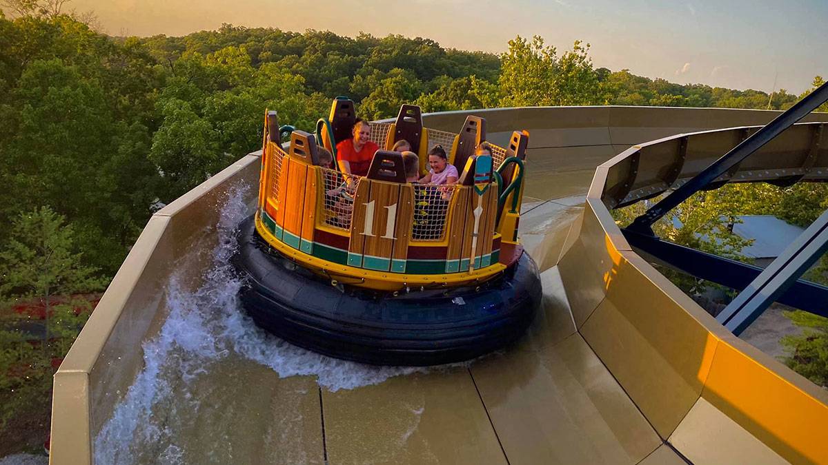 People riding Mystic River Falls at Silver Dollar City - Branson, Missouri, USA